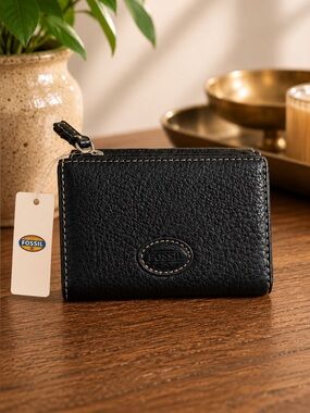 NWT Fossil Jean Multi Black Pebbled Leather Trifold Wallet Zip Coin Organizer